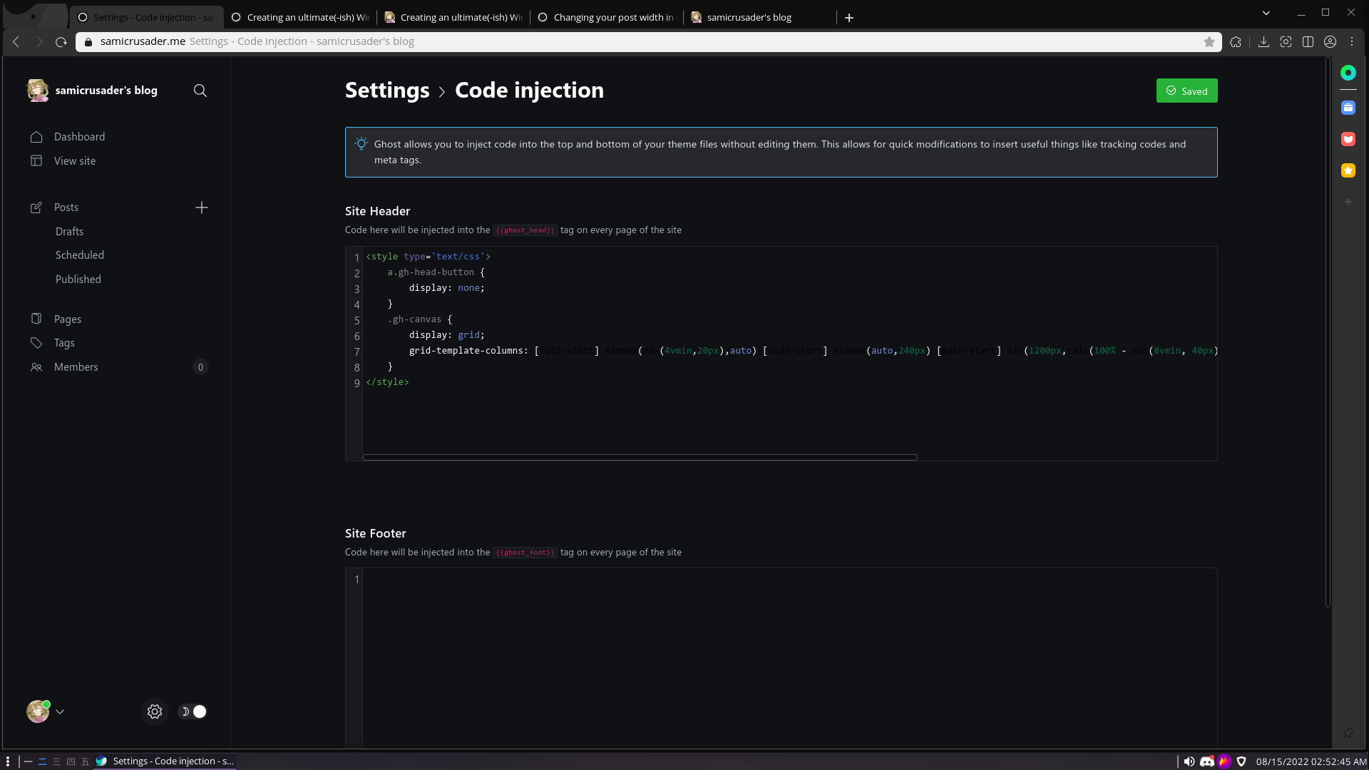 A screenshot of the Code Injection page in Ghost admin.