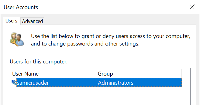 Restoring automatic login on Windows 10